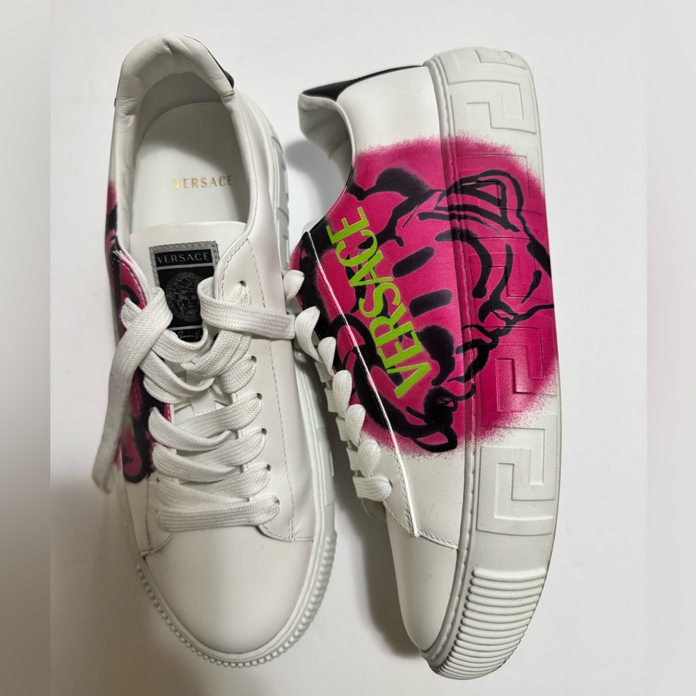 Versace White sneakers graffiti Magenta   Greca Medusa